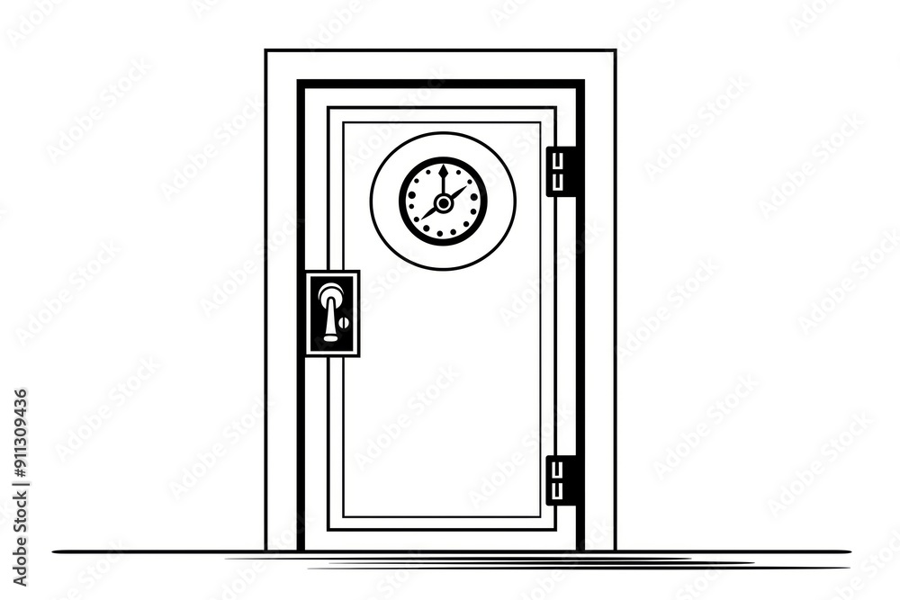 Poster simple outline of a safe door with a combination dial, set against a plain, white background with co