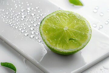 A halved lemon sits on a white cutting board with small water drops.