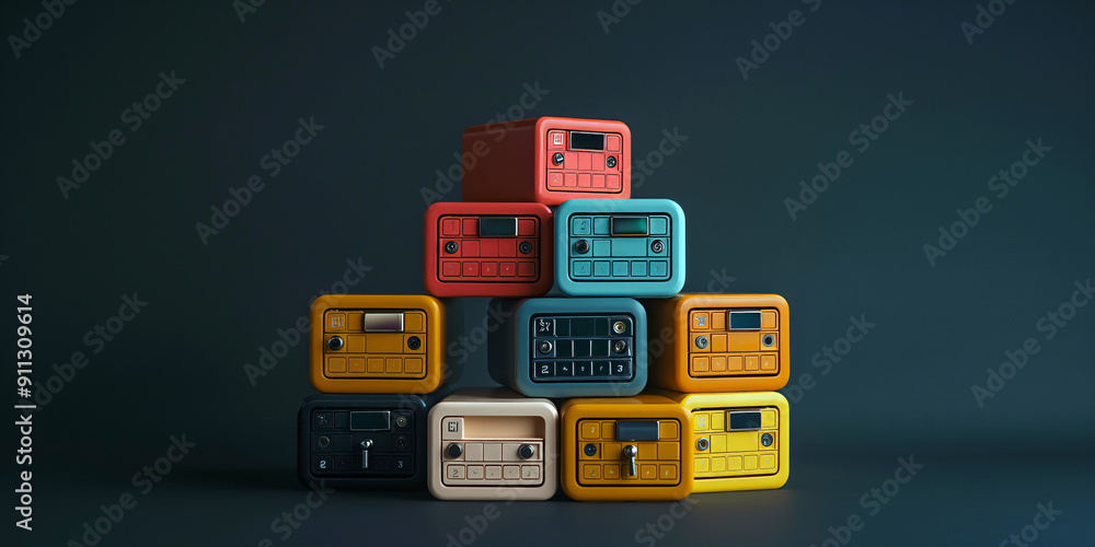 Aufkleber stacked mini safes in various colors, each with a unique keypad, representing personal and customiza