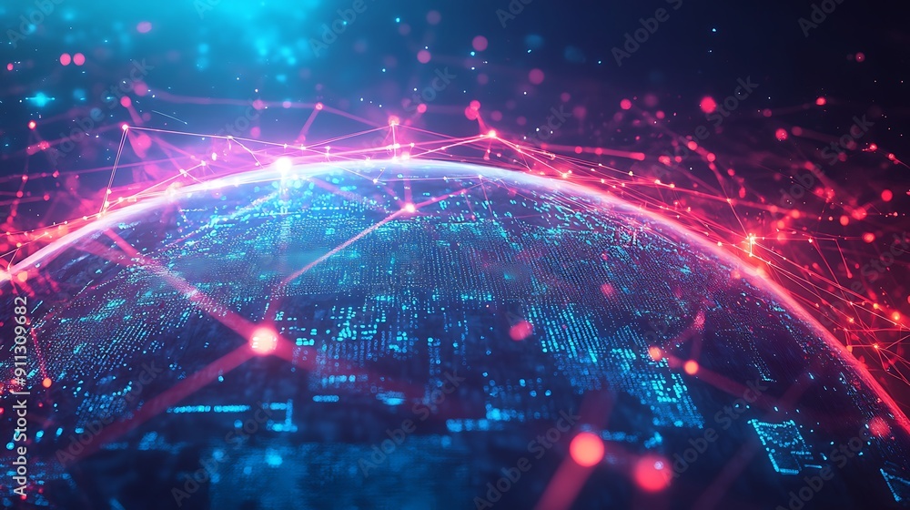 Poster connected world illustration with glowing data lines and nodes over a globe
