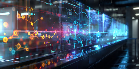 Business graph display depicting real-time financial data and manipulate stock market graphs, marketing strategies, and global technology trends