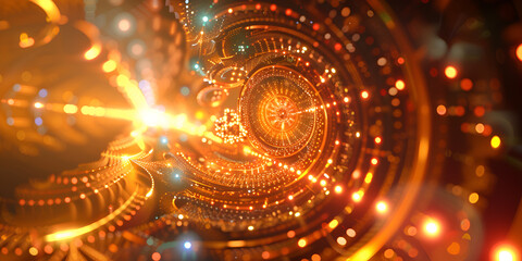 Golden sparkling shiny particles swirling in a mesmerizing pattern on a dark background