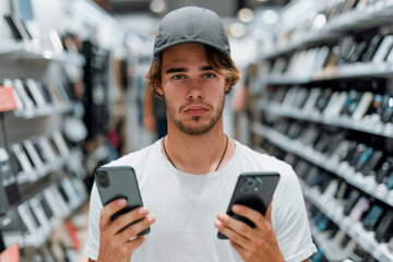 Confused young man choose between two different new smartphones models. Buying new phone, technology and device comparison