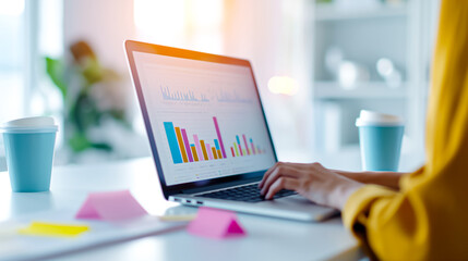 Contemporary modern workspace showcasing a laptop alongside insightful data visualization graphs to enhance productivity and analytics
