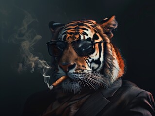 portrait of a tiger Tiger mask, tiger wearing a suit and tie Smoking cigarette in mouth No.1