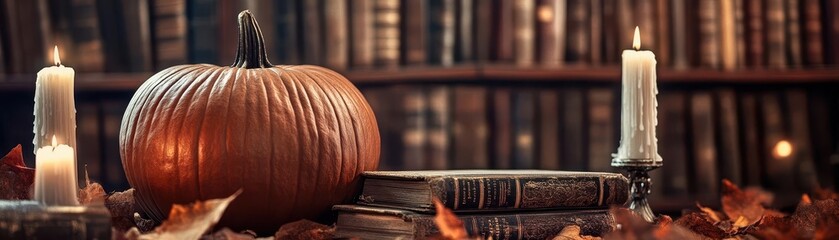 Cozy autumn scene featuring a pumpkin, candles, and stacked books, ideal for Halloween or seasonal decor.