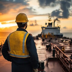 Ship crew member on deck, overseeing maritime operations
