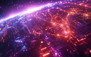 Obraz premium Futuristic Data Synergy with Nodes and Pathways Over a Global Map