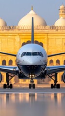 Naklejka premium An airplane is parked near a historical monument, beautifully illuminated at night, with its reflection shimmering on the water