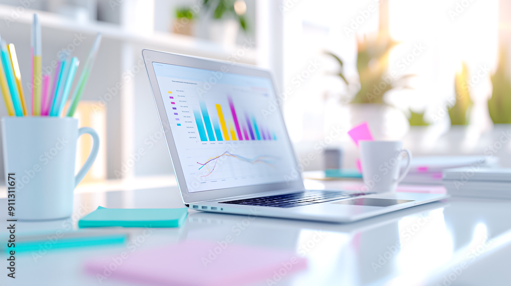 Poster contemporary modern workspace showcasing a laptop alongside insightful data visualization graphs to 