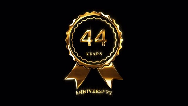 44th Anniversary Celebration. Happy 44 Years Anniversary Animation in Gold Color on the Transparent Background, Alpha Channel. Great for greetings, celebrations, events, and gifts.
