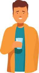 Young man is smiling as he holds a glass of water, promoting the importance of staying hydrated