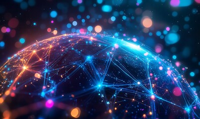 Obraz premium Digital Data Synergy with Glowing Pathways and Nodes Forming a Web Over a Stylized Globe
