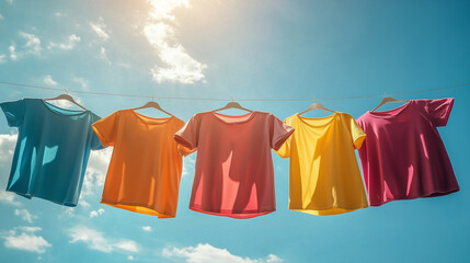 Colorful T-shirts hung on a washing line, drying in the warm rays of the sun under a blue sky.