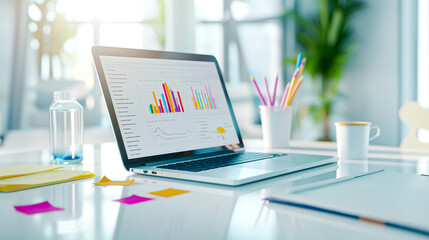 Contemporary modern workspace showcasing a laptop alongside insightful data visualization graphs to enhance productivity and analytics
