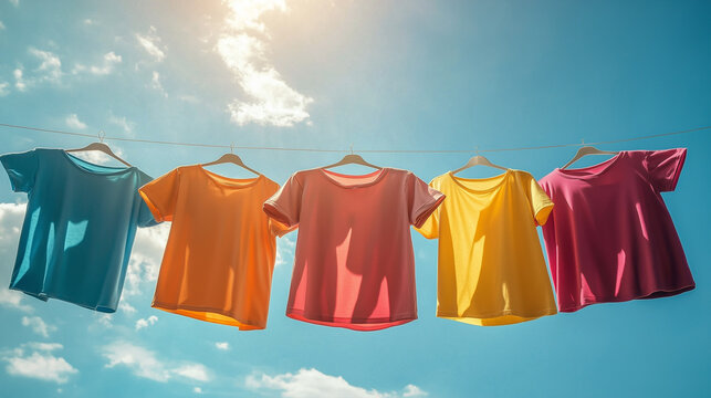 Colorful T-shirts hung on a washing line, drying in the warm rays of the sun under a blue sky.