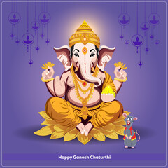 Lord Ganesha seated on a lotus adorned with a crown necklaces and bracelets He holds a modak in one hand and blesses with the other Diyas hang in the background with Mushika at his feet