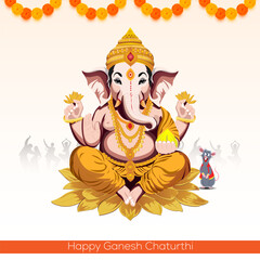  Lord Ganesha seated on a lotus holding a modak and blessing with his other hand A garland of flowers adorns the top while people celebrate in the background Mushika his mouse companion is at his feet
