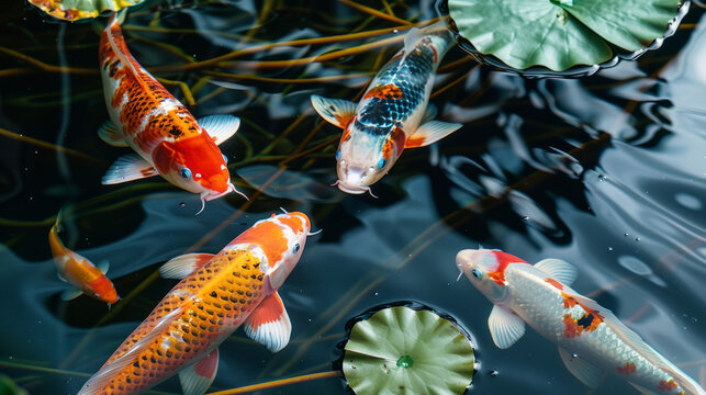 Koi Fish portrays the elegance and grace of these colorful aquatic creatures. symbolizing good fortune perseverance and tranquility. Watercolor painting of swimming koi fish.