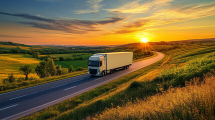 The setting sun creates a warm, golden glow over the rural fields as the truck moves along the asphalt road.