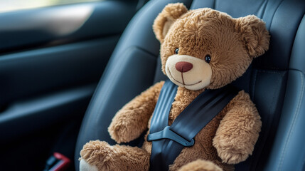 An adorable teddy bear fastened with a seat belt in the car, ensuring its safety while driving.