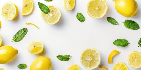 Mint leaves with fresh yellow lemon citrus fruits. Ai generation