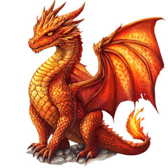 Naklejka premium A majestic orange dragon with intricate scales, powerful wings, and fierce eyes, embodying strength and fantasy.
