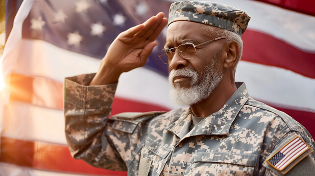 american veteran saluting; huge us flag as a background; veterans day - Powered by Adobe