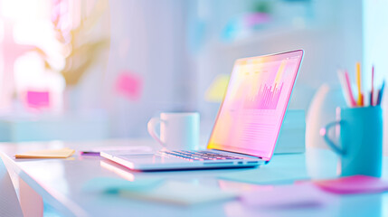 Contemporary modern workspace showcasing a laptop alongside insightful data visualization graphs to enhance productivity and analytics