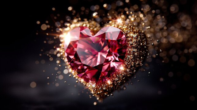   Close-up of heart-shaped diamond on black background, adorned with gold accents and sparkling highlights