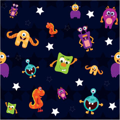 Vector Colorful Monster Pattern on Starry Background Dark starry background with white stars and various colorful, friendly monsters, vector colorful monster pattern, starry background