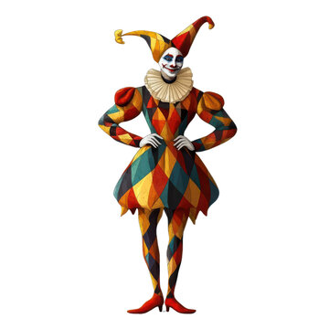 A vibrant jester character in colorful attire, ready to entertain and bring joy with a playful demeanor and artistic flair.