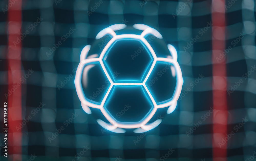Poster glowing neon soccer ball hovering in front of a net, set against a dark background with blurred red 