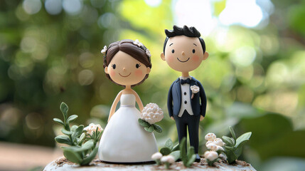 Set of wedding cake toppers featuring detailed bride and groom figurines. Perfect for adding a charming, personalized touch to the cake, enhancing the overall theme and elegance of the celebration