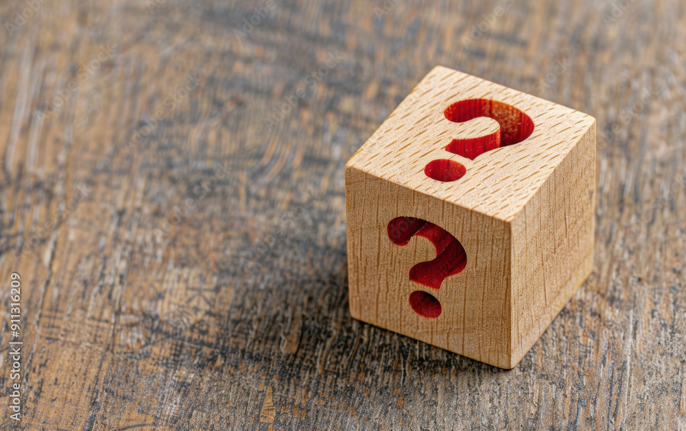 Poster wooden cube with question marks on a textured wooden surface, representing uncertainty, inquiry, and
