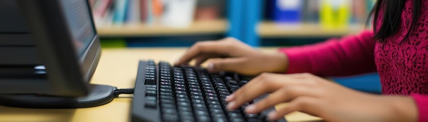 Obraz premium Person typing on a keyboard in a library or office setting, emphasizing productivity and technology use in a professional environment.