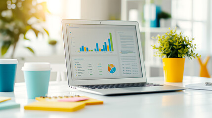 Contemporary modern workspace showcasing a laptop alongside insightful data visualization graphs to enhance productivity and analytics