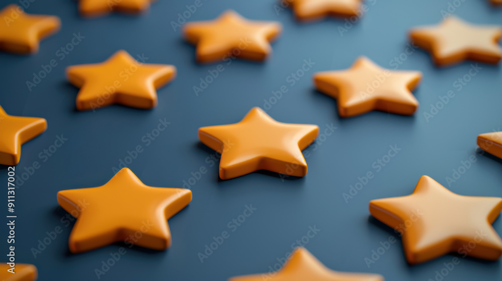Poster a collection of shiny orange stars placed on a dark, smooth surface, creating a visually appealing p