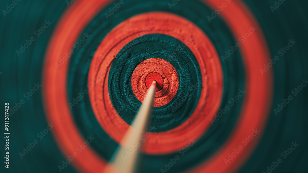 Poster close-up of a dart hitting the bullseye on a dartboard, vibrant red and black target representing pr