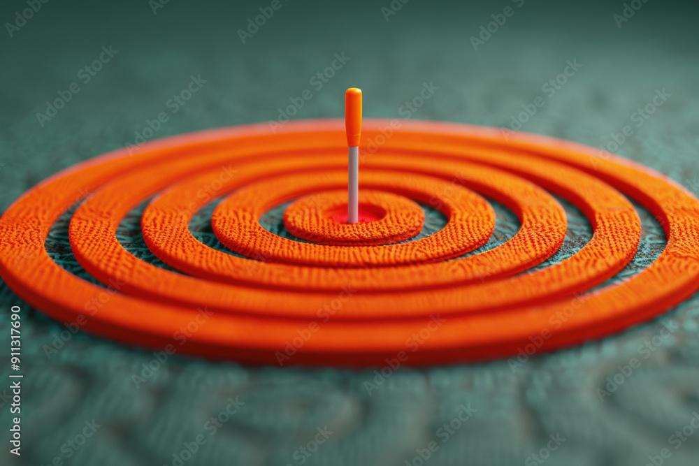 Poster a close-up image of an orange bullseye target with a needle precisely placed at the center, symboliz