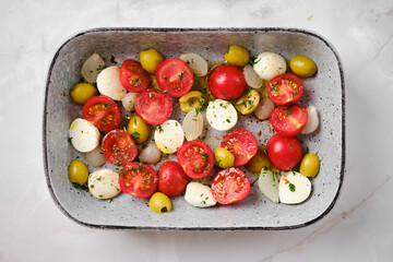 Overhead view of caprese salad