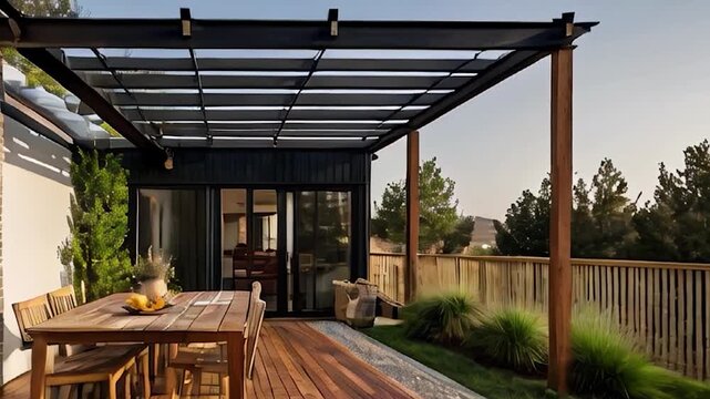 Modern Outdoor Patio with Wooden Deck and Pergola