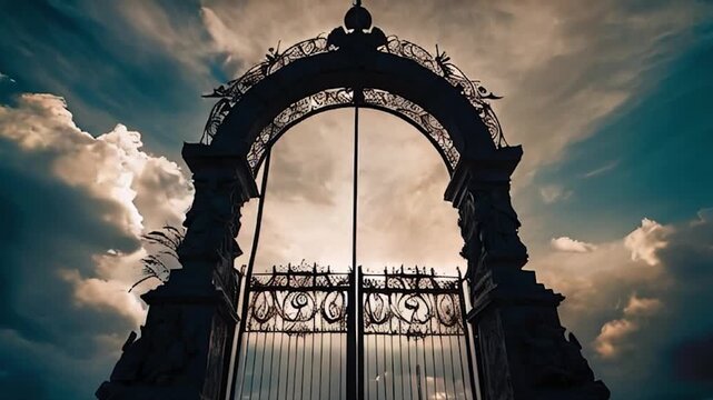 Ornate Iron Gate with Cloudy Sky Background