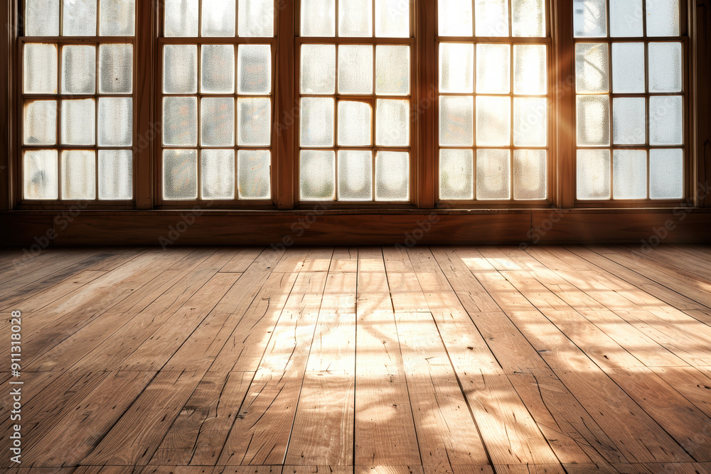 Poster sunlight streams through large windows, casting shadows on a wooden floor in an empty room. the warm