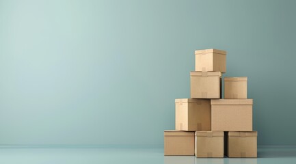 Obraz premium Stacked cardboard boxes on a light blue background.
