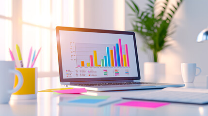 Contemporary modern workspace showcasing a laptop alongside insightful data visualization graphs to enhance productivity and analytics