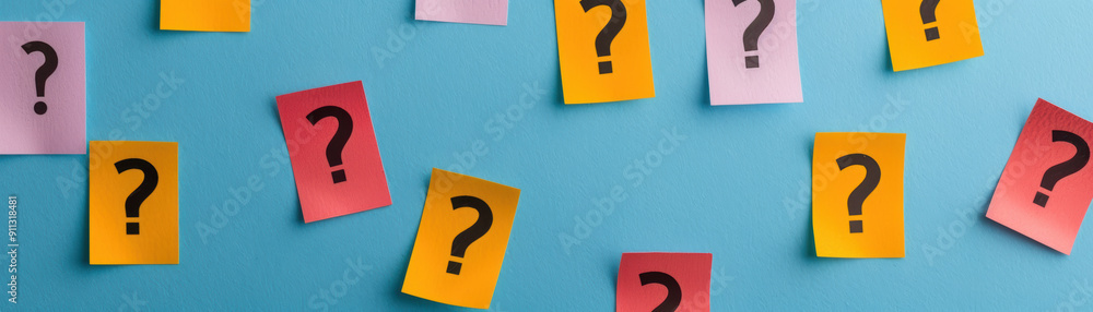 Poster colorful sticky notes with question marks on a blue background, representing confusion, queries, or 