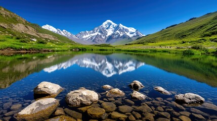 Fototapeta premium Mountain Reflection A clear blue lake reflecting snow-capped mountains under a bright, cloudless sky