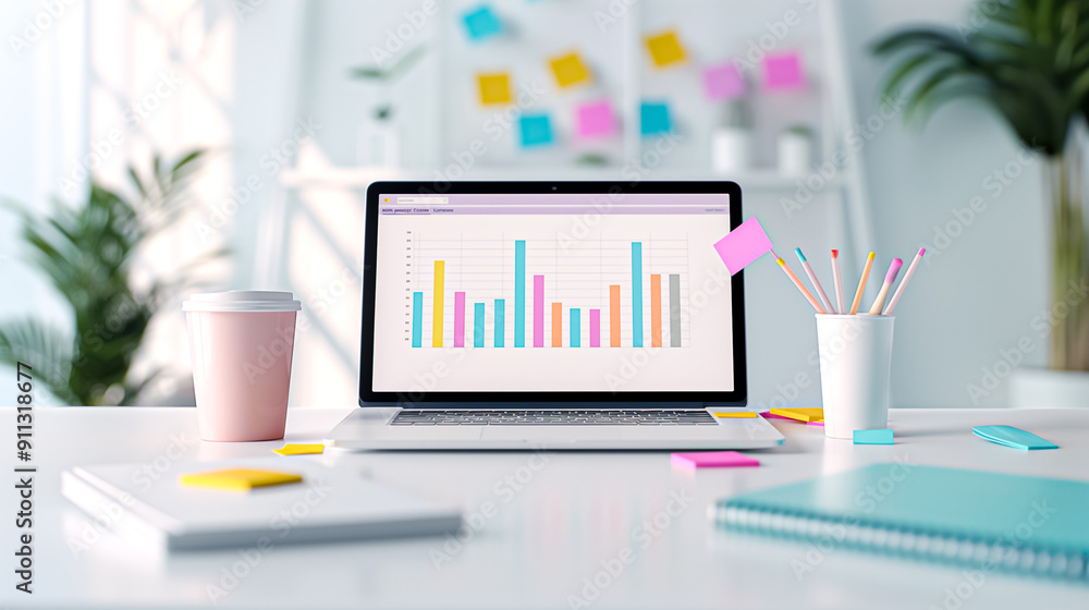 Poster contemporary modern workspace showcasing a laptop alongside insightful data visualization graphs to 