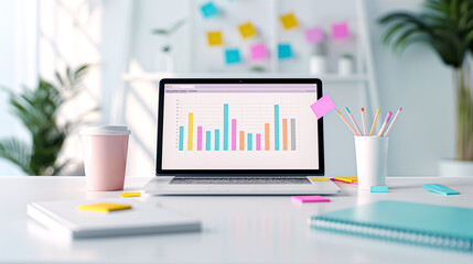 Contemporary modern workspace showcasing a laptop alongside insightful data visualization graphs to enhance productivity and analytics